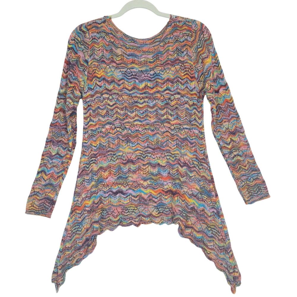 Spacedye Rainbow Sharkbite Hem Top M Lightweight Open Crochet Knit Artsy Vibrant - Picture 2 of 12